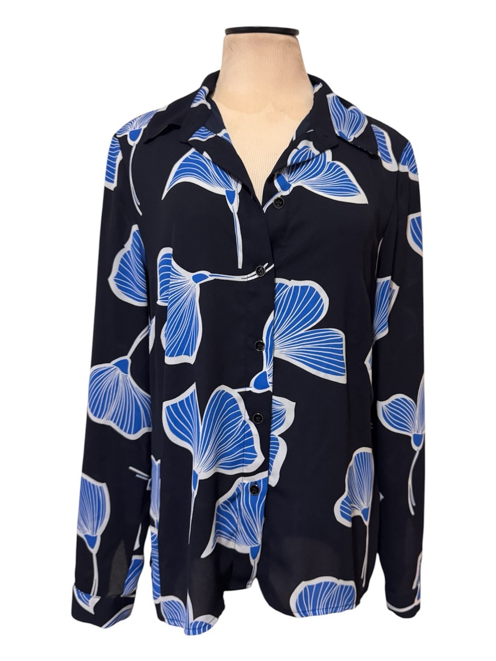 CAbi Black Button-Down Blouse with Blue Floral Print size M